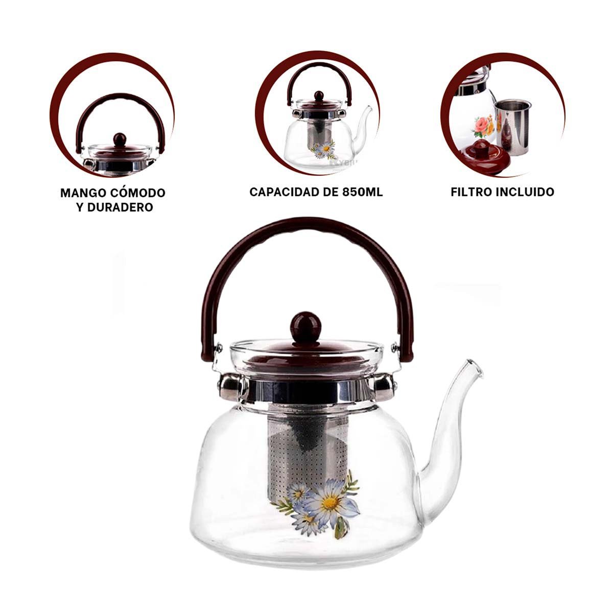 JARRA DE VIDRIO TRANSPARENTE 850ML CON TAPA GUINDA PARA ORDEN EN ENCIMERA Y+PAPEL REGALO - 5