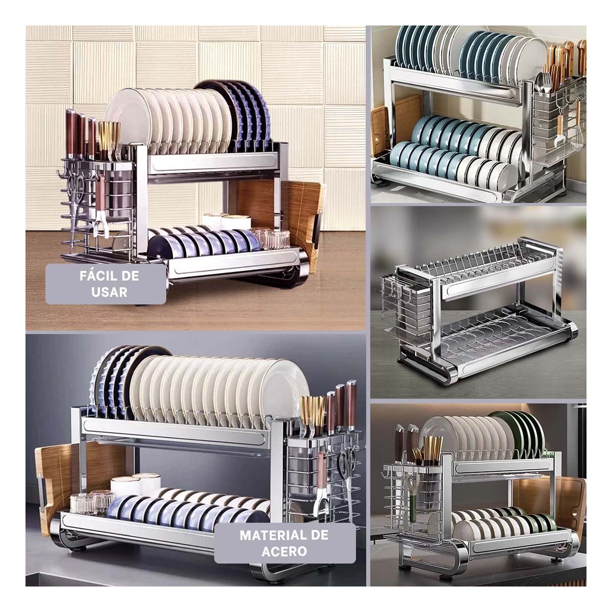 ESCURRIDOR DE PLATOS Y UTENSILIOS 2 NIVELES CON BASE DE ACERO PLATEADO - 2