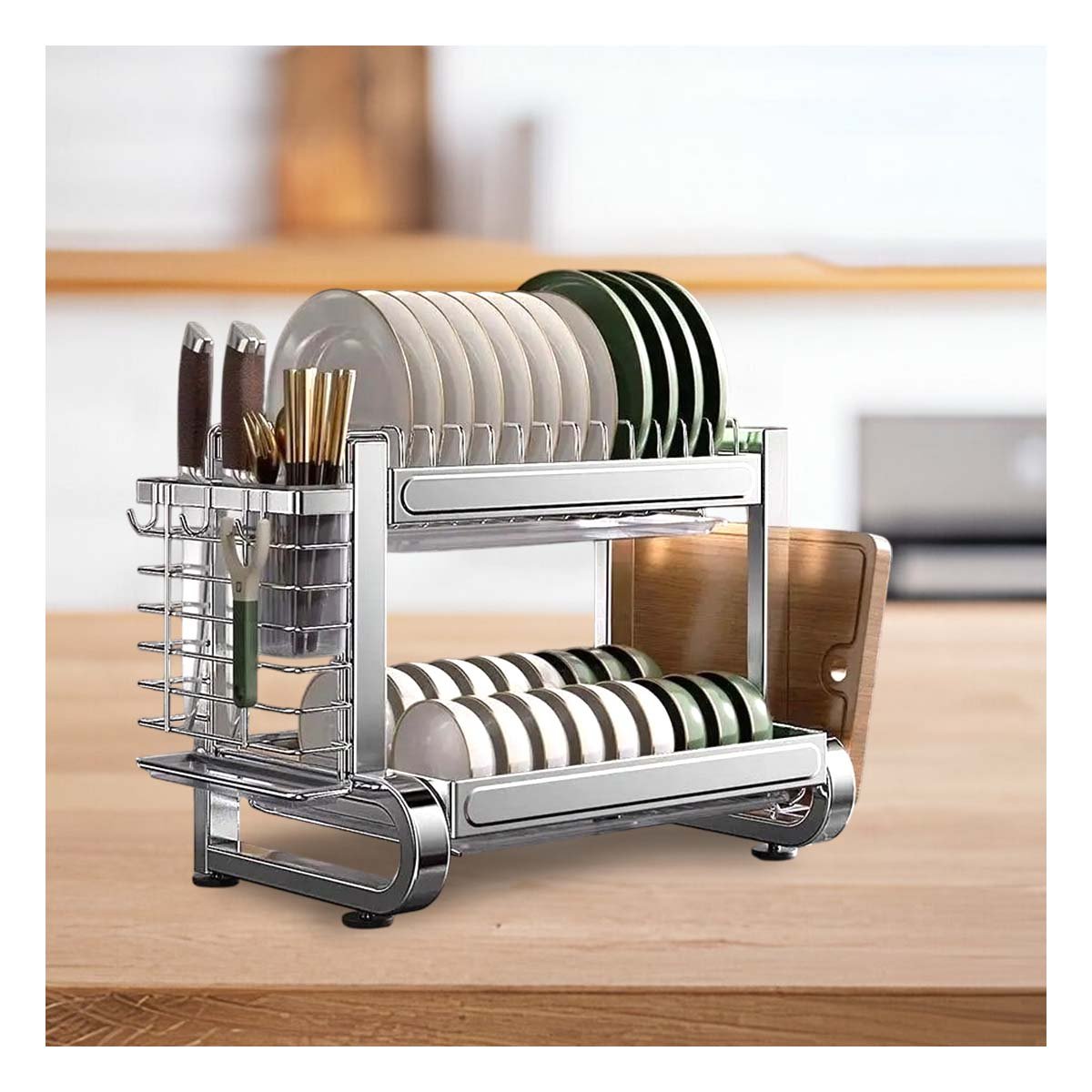 ESCURRIDOR DE PLATOS Y UTENSILIOS 2 NIVELES CON BASE DE ACERO PLATEADO - 3