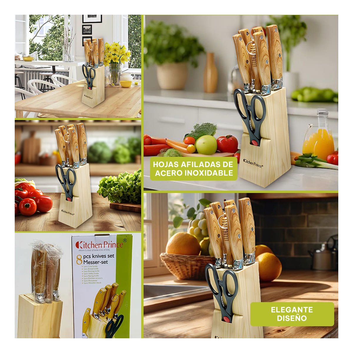 COMBO DE CUCHILLOS MANGO DE MADERA 8 PIEZAS PARA USO DIARIO Y+POST IT - 2