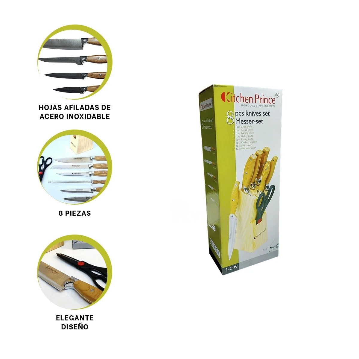 COMBO DE CUCHILLOS MANGO DE MADERA 8 PIEZAS PARA USO DIARIO Y+POST IT - 5