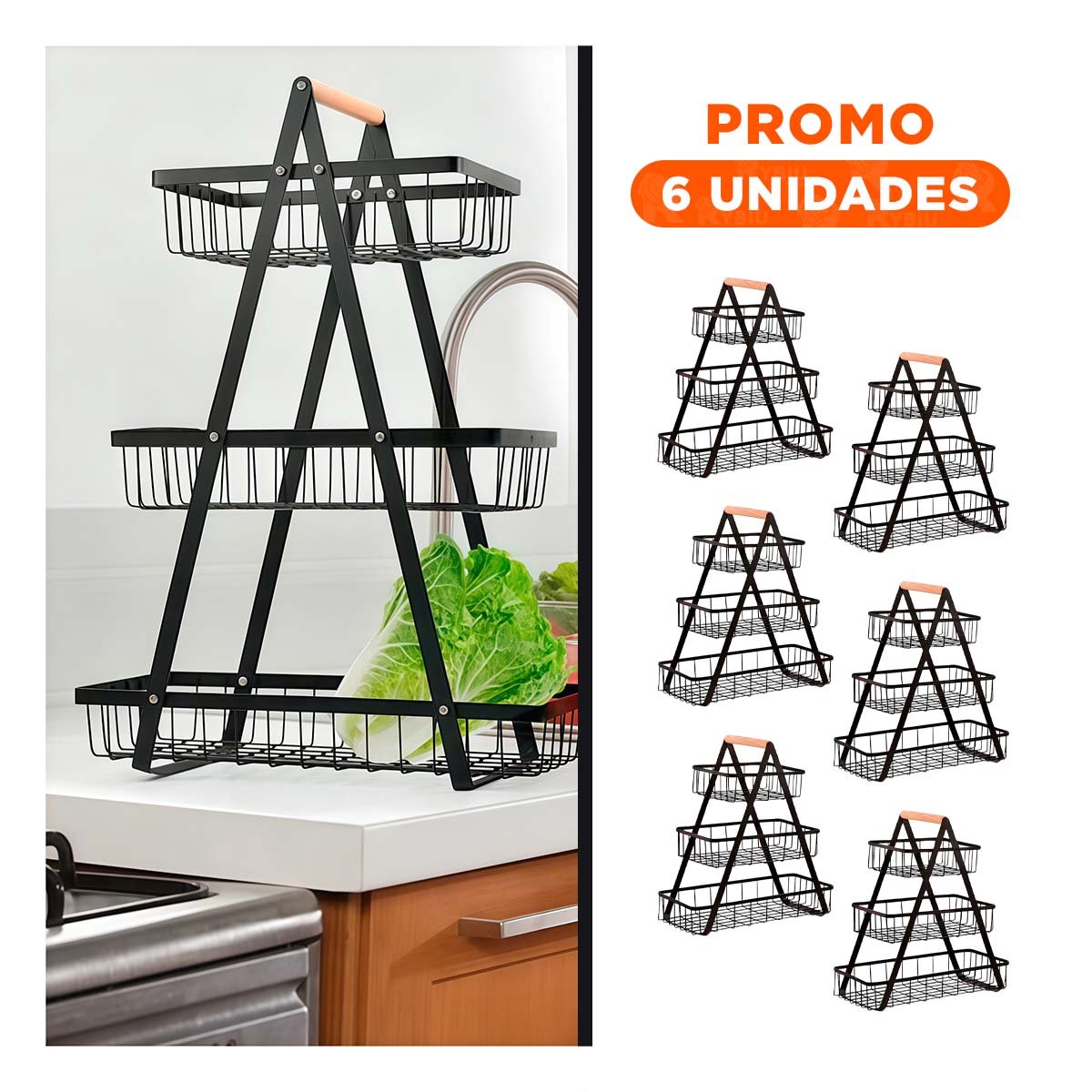 PACK6 CANASTILLA DE ACERO INOXIDABLE NEGRO 3 NIVELES CON ESTRUCTURA TRIANGULAR Y+REGALO STICKER - 1