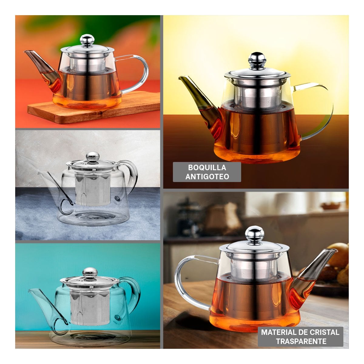 TETERA DE INFUSION 800ML TRANSPARENTE DE FLORES CON BOROSILICATO Y ACERO YPAPEL REGALO - 3