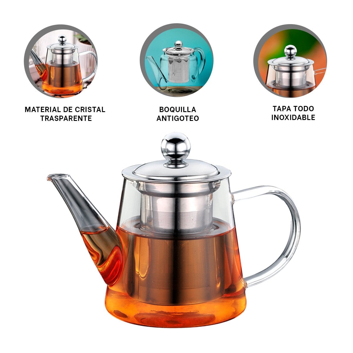 TETERA DE INFUSION 800ML TRANSPARENTE DE FLORES CON BOROSILICATO Y ACERO YPAPEL REGALO - 5