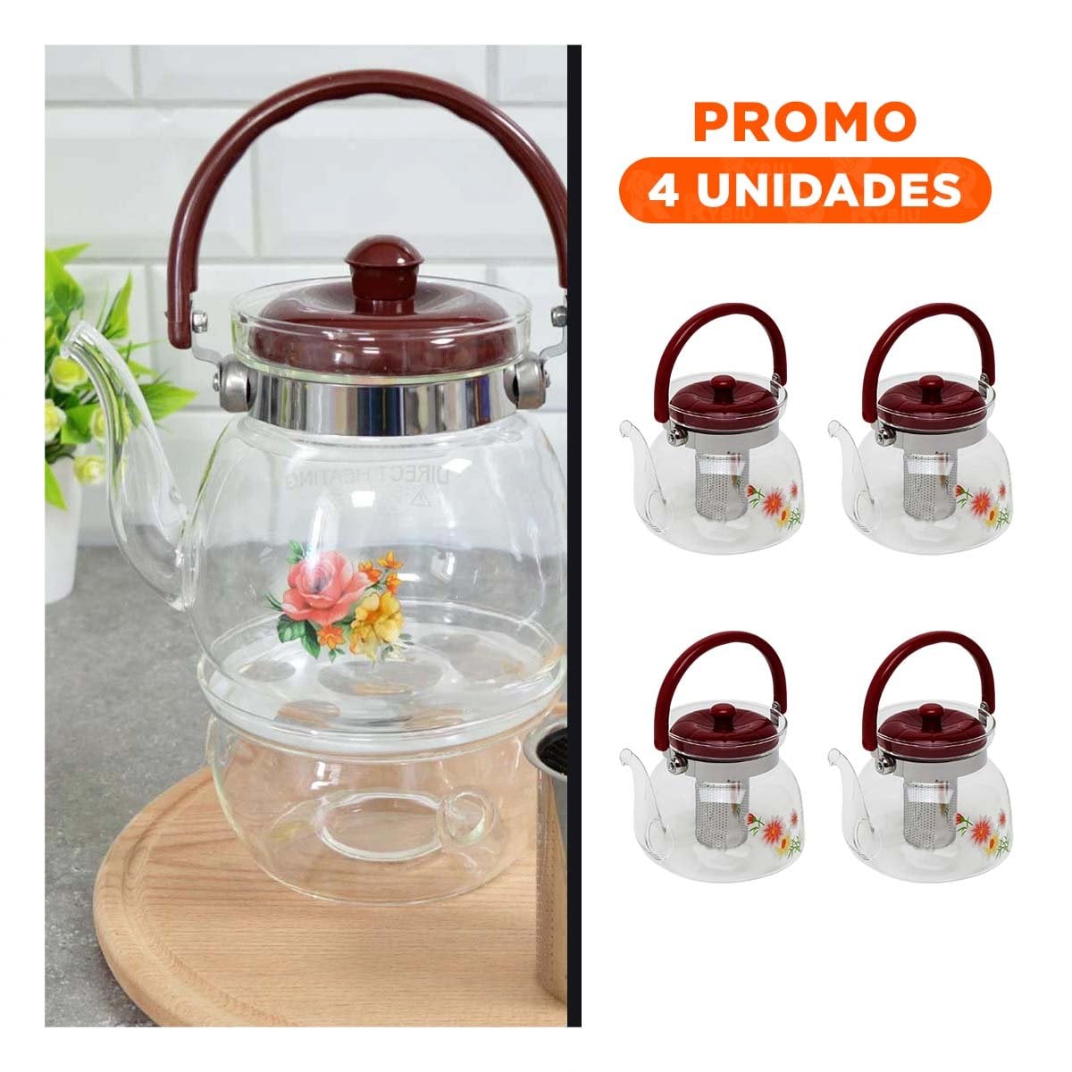 PACK4 RECIPIENTE DE VIDRIO TRANSPARENTE 850ML CON TAPA GUINDA PARA OFICINA - 1