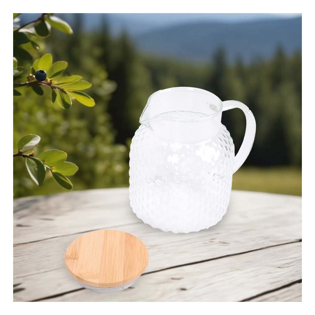 JARRA CON TAPA DE MADERA PARA AGUA JUGOS O INFUSIONES TRANSPARENTE YPAPEL REGALO - 1