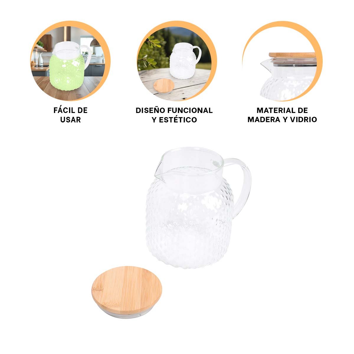 JARRA CON TAPA DE MADERA PARA AGUA JUGOS O INFUSIONES TRANSPARENTE YPAPEL REGALO - 5