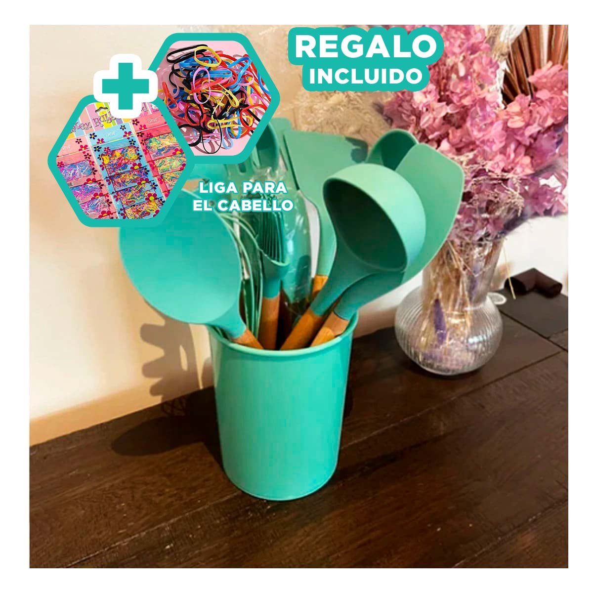 SET DE UTENSILIOS COLOR VERDE EN SILICONA CON 12 PIEZAS PARA COCINA FAMILIAR Y+LIGAS REGALO - 2