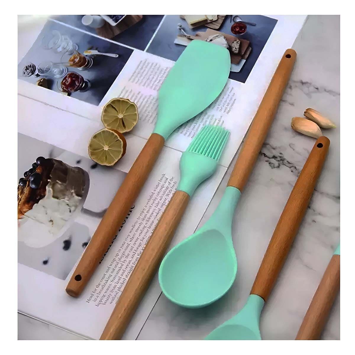 SET DE UTENSILIOS COLOR VERDE EN SILICONA CON 12 PIEZAS PARA COCINA FAMILIAR Y+LIGAS REGALO - 3
