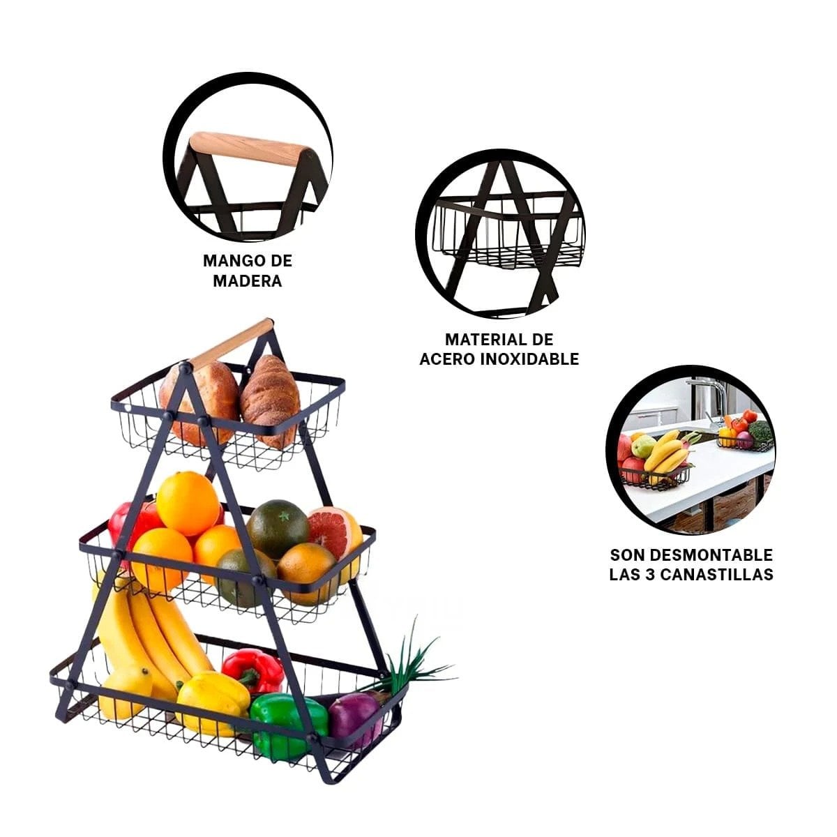 FRUTERO DE 3 NIVELES EN ACERO INOXIDABLE COLOR NEGRO CON FORMA TRIANGULAR Y+PAPEL REGALO - 5