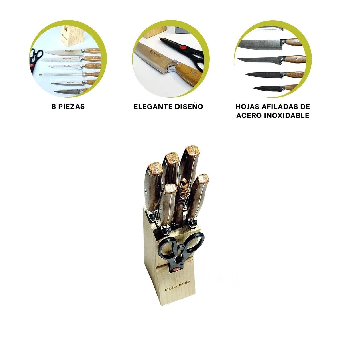 KIT DE CUCHILLOS MANGO DE MADERA 8 PIEZAS PARA HOGAR Y+PAPEL REGALO - 5