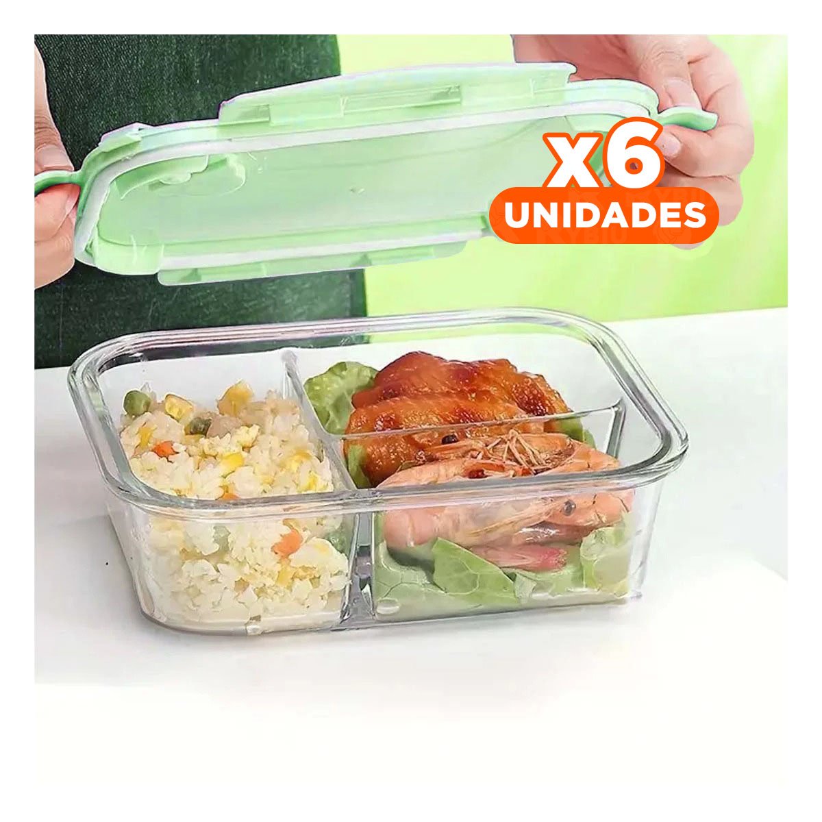 PACK6 DEPOSITO DE COCINA EN VIDRIO VERDE CON 3 DIVISIONES RESISTENTES Y+PAPEL REGALO - 1