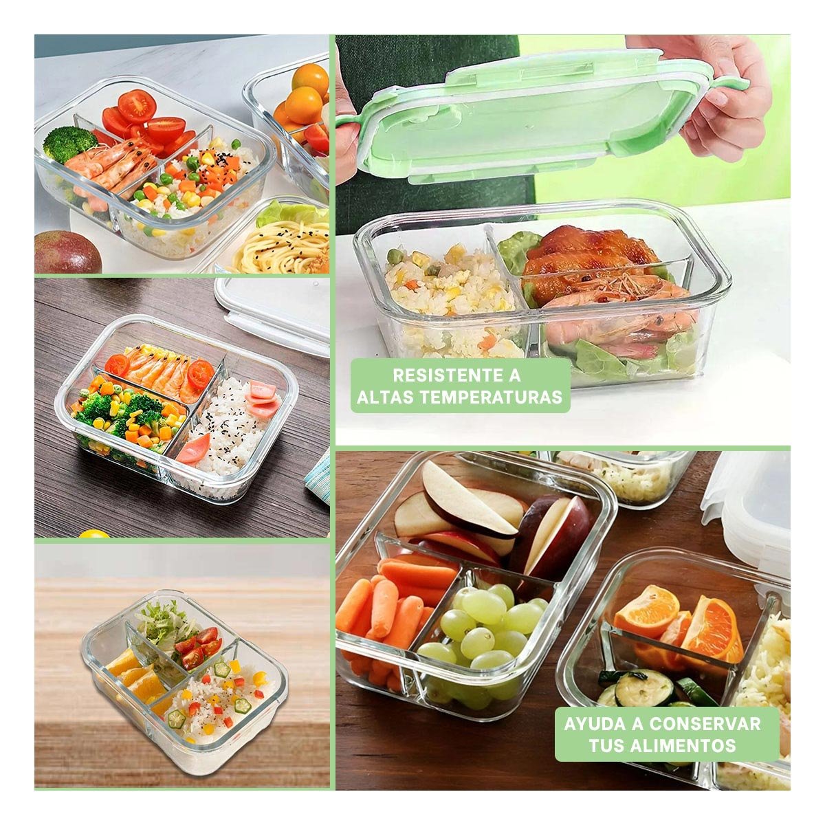 PACK6 DEPOSITO DE COCINA EN VIDRIO VERDE CON 3 DIVISIONES RESISTENTES Y+PAPEL REGALO - 3