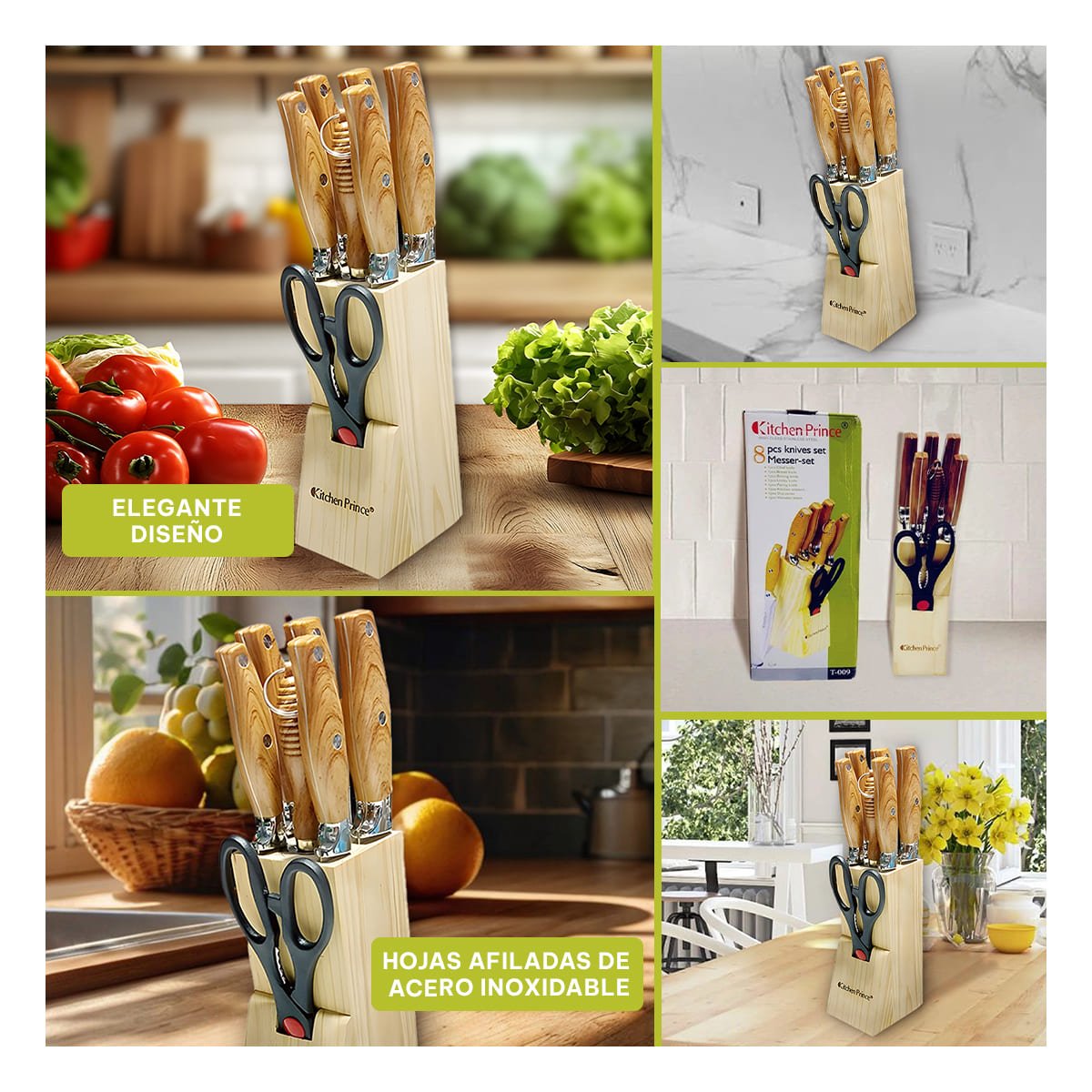 COLECCION DE CUCHILLOS MANGO DE MADERA 8 PIEZAS PARA COCINA FAMILIAR Y+LIGAS REGALO - 1