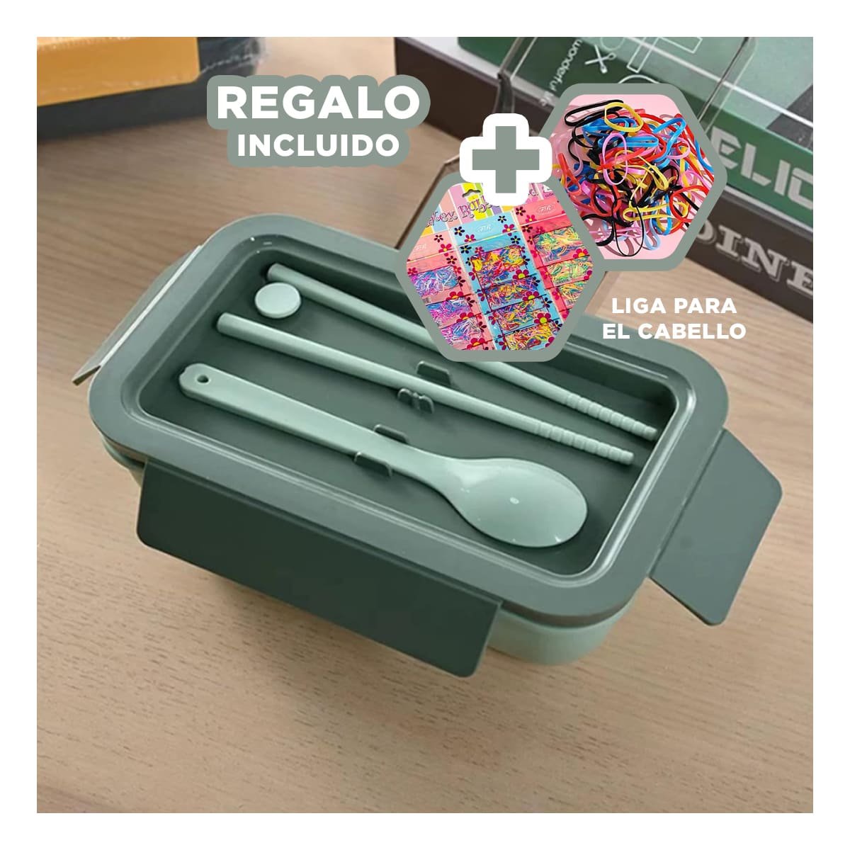 TAPER LIGERO 850ML CON CUBIERTOS VERDE PARA USO DIARIO EN COCINA Y HOGAR Y+LIGAS REGALO - 2