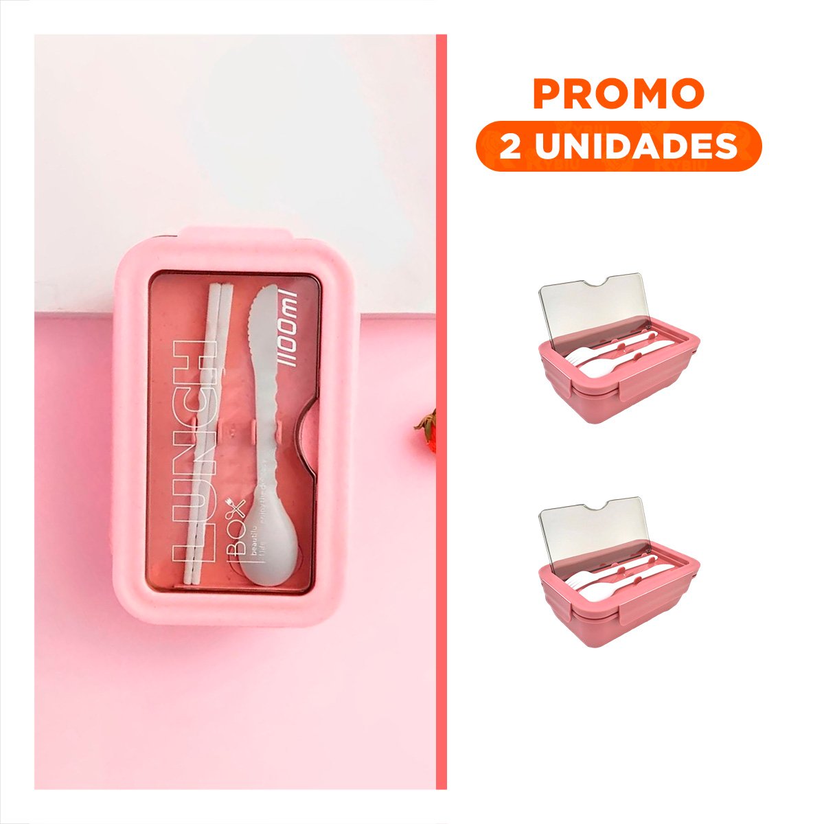PACK2 LONCHERA CON SISTEMA DE 1100ML ROSADO INCLUYE CUBIERTOS Y+REGALO STICKER - 1