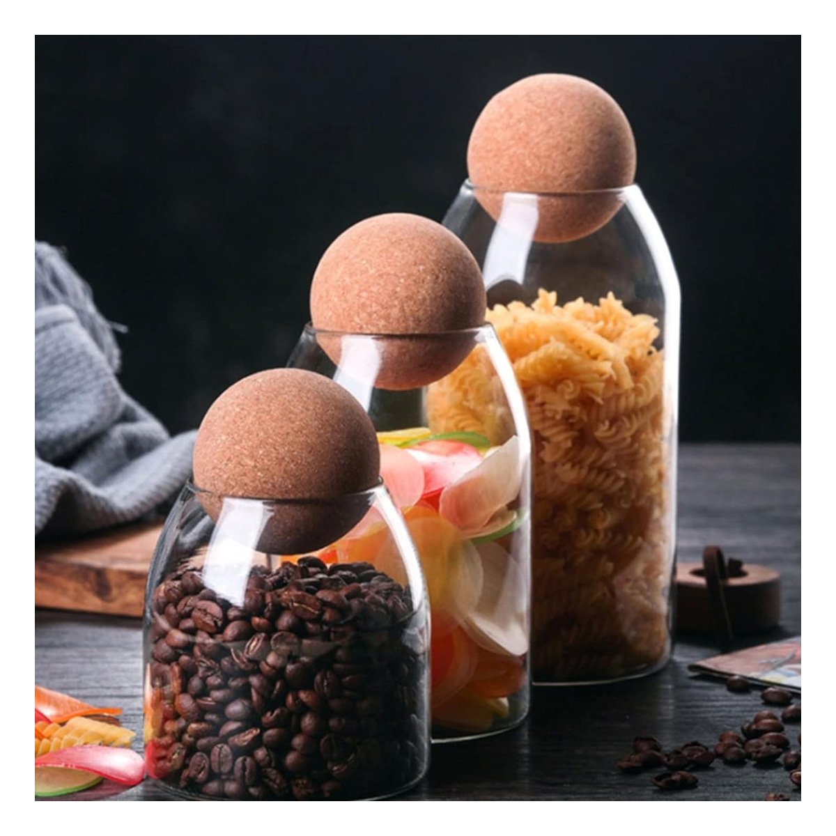 FRASCOS DE VIDRIO CON TAPA CORCHO ESFERA TRANSPARENTE PARA COCINA 550ML 750ML 1200ML - 1