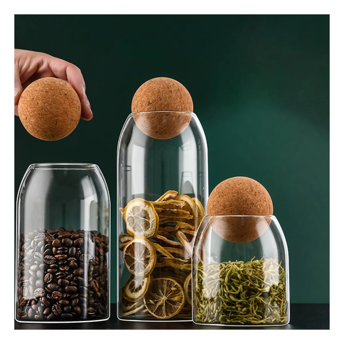 FRASCOS DE VIDRIO CON TAPA CORCHO ESFERA TRANSPARENTE PARA COCINA 550ML 750ML 1200ML - 3