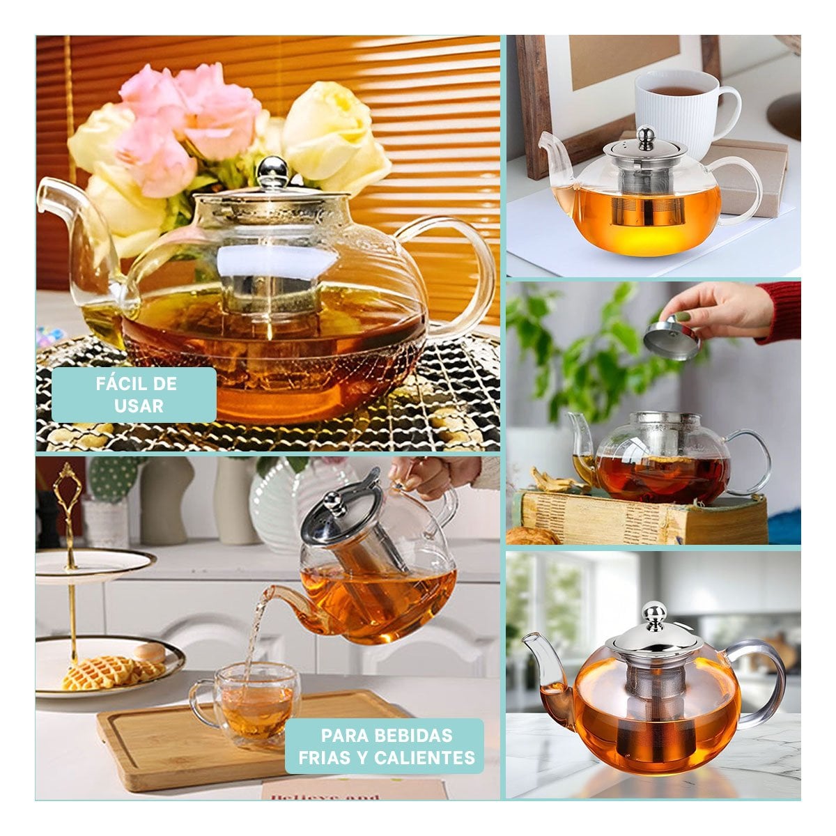 TETERA CIRCULAR DE INFUSION 900ML TRANSPARENTE EN BOROSILICATO CON ACERO - 2