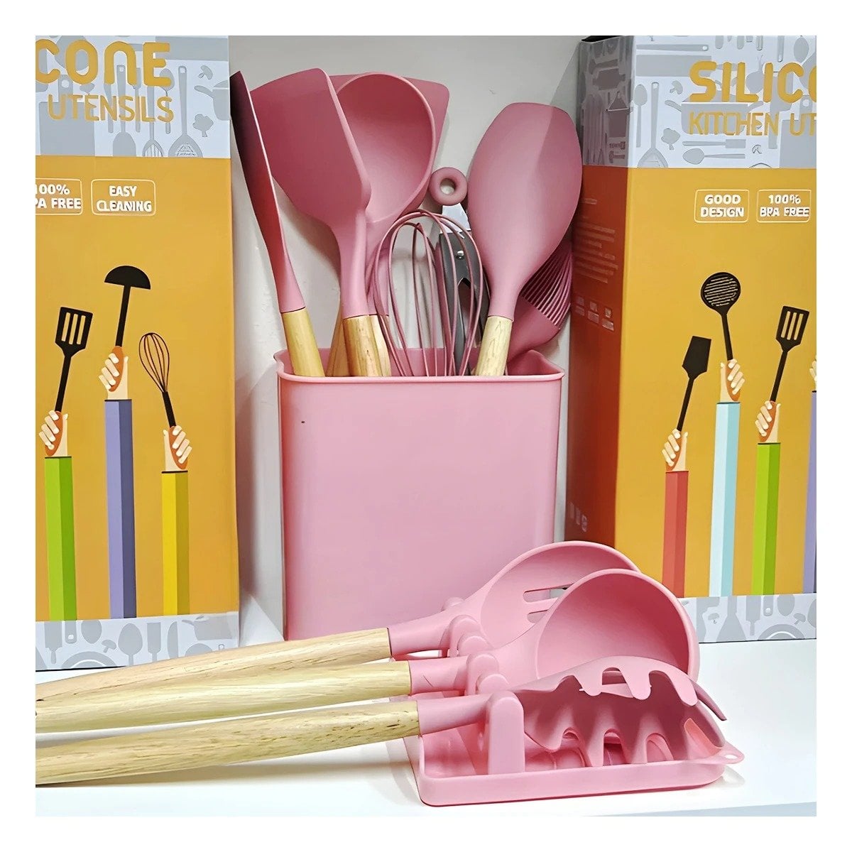 CUCHARONES DE COLOR ROSADO DE SILICONA SET DE 11 CON BASE POSA CUCHARON Y+PAPEL REGALO - 1