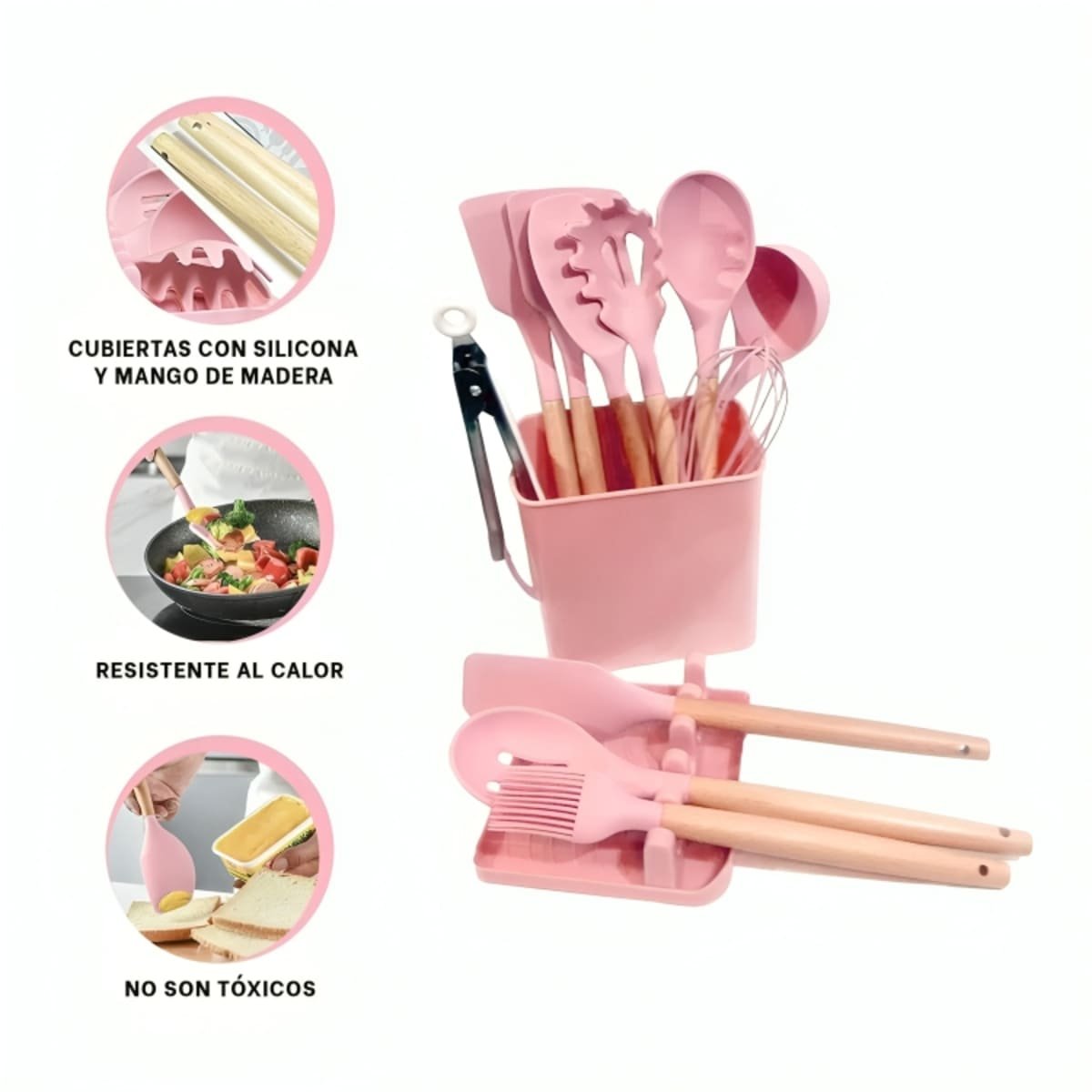 CUCHARONES DE COLOR ROSADO DE SILICONA SET DE 11 CON BASE POSA CUCHARON Y+PAPEL REGALO - 5