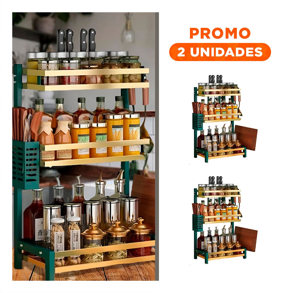 PACK2 SOPORTE EN COLOR VERDE DORADO DE 3 NIVELES PARA CONDIMENTOS Y+REGALO STICKER - 1