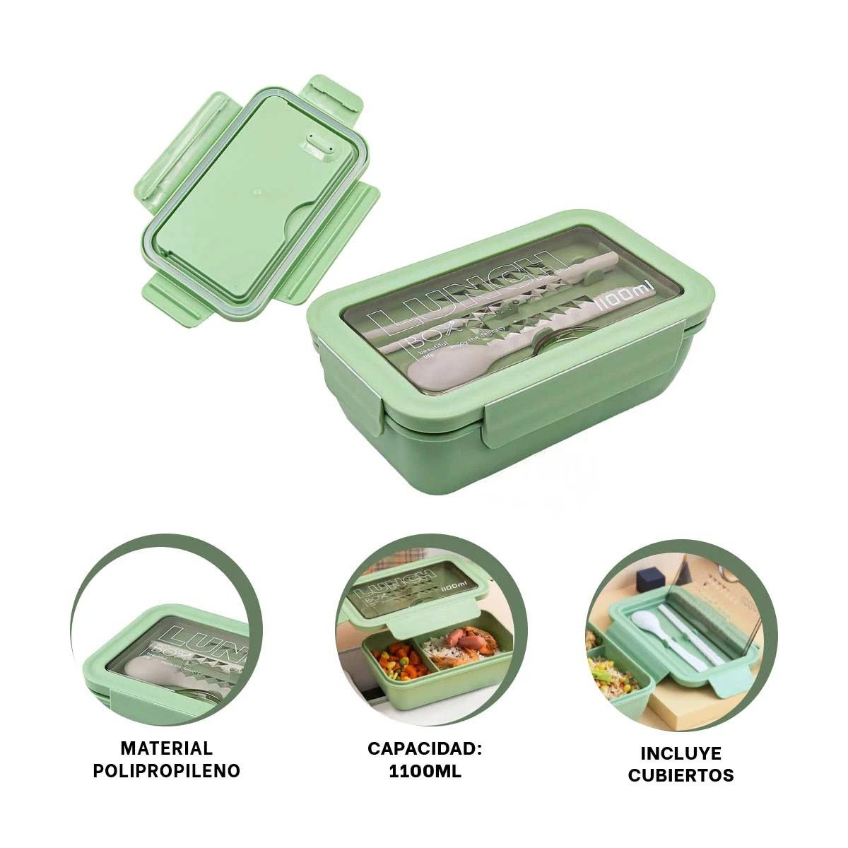 TAPER VERDE TIPO LUNCH BOX CON 1100ML Y ESPACIO INTERNO EN DOS COMPARTIMENTOS Y+POST IT - 5