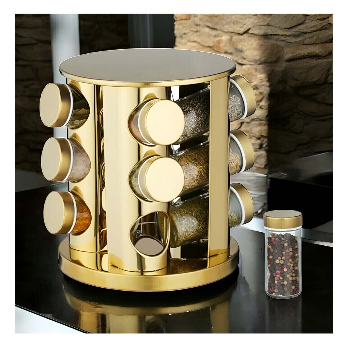 PACK2 CONJUNTO CONDIMENTERO CIRCULAR DE COLOR DORADO CON 12 FRASCOS GIRATORIOS - 2