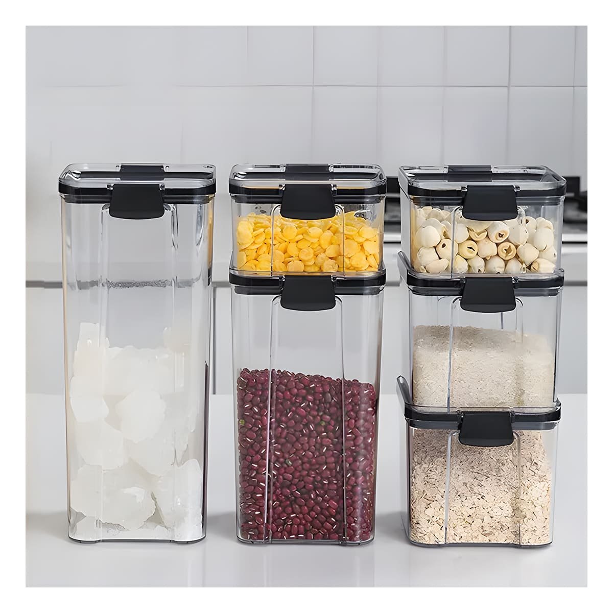 FRASCO ACRILICO ORGANIZADOR COCINA TAPA BORDE NEGRO SET 6 Y+PAPEL REGALO - 1