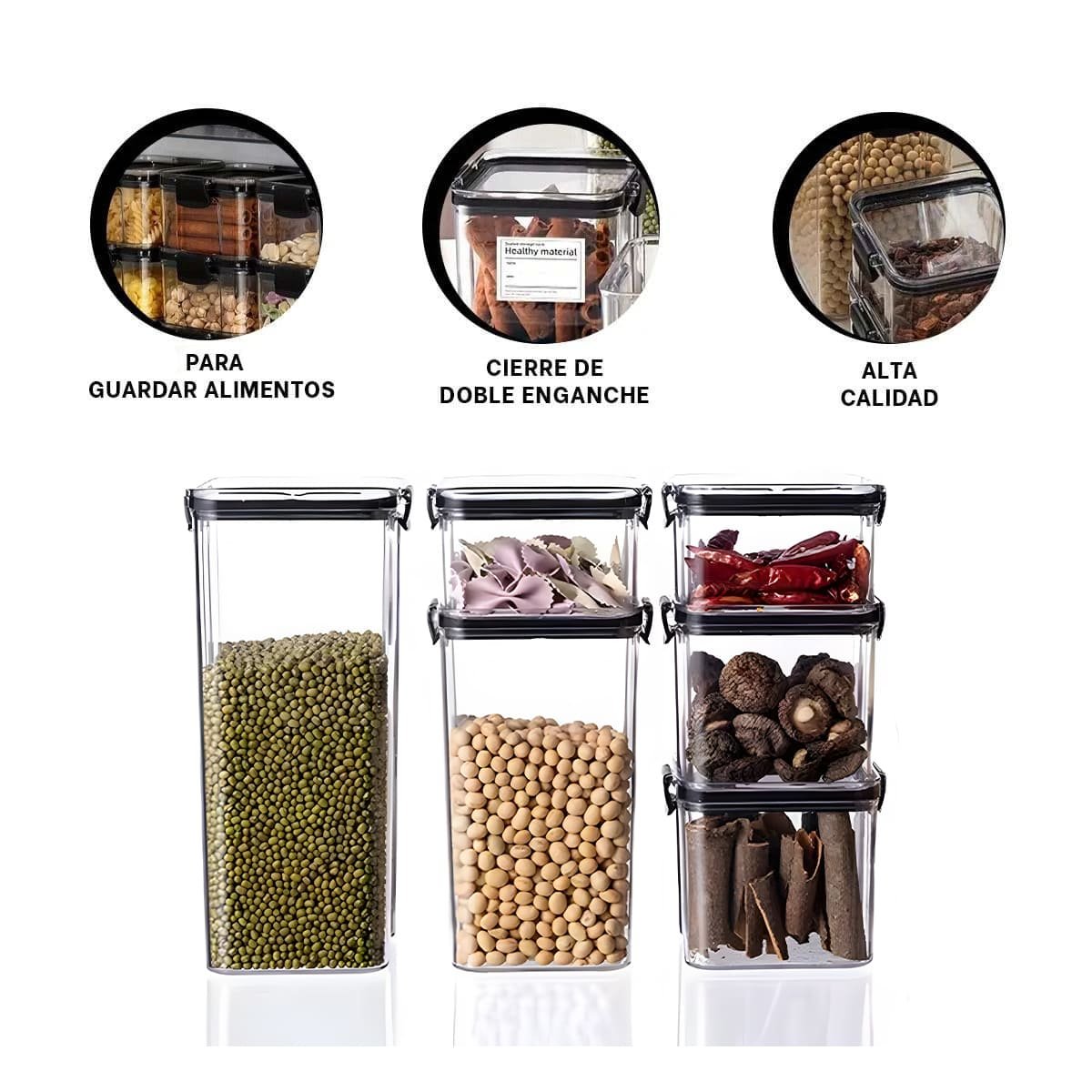 FRASCO ACRILICO ORGANIZADOR COCINA TAPA BORDE NEGRO SET 6 Y+PAPEL REGALO - 5
