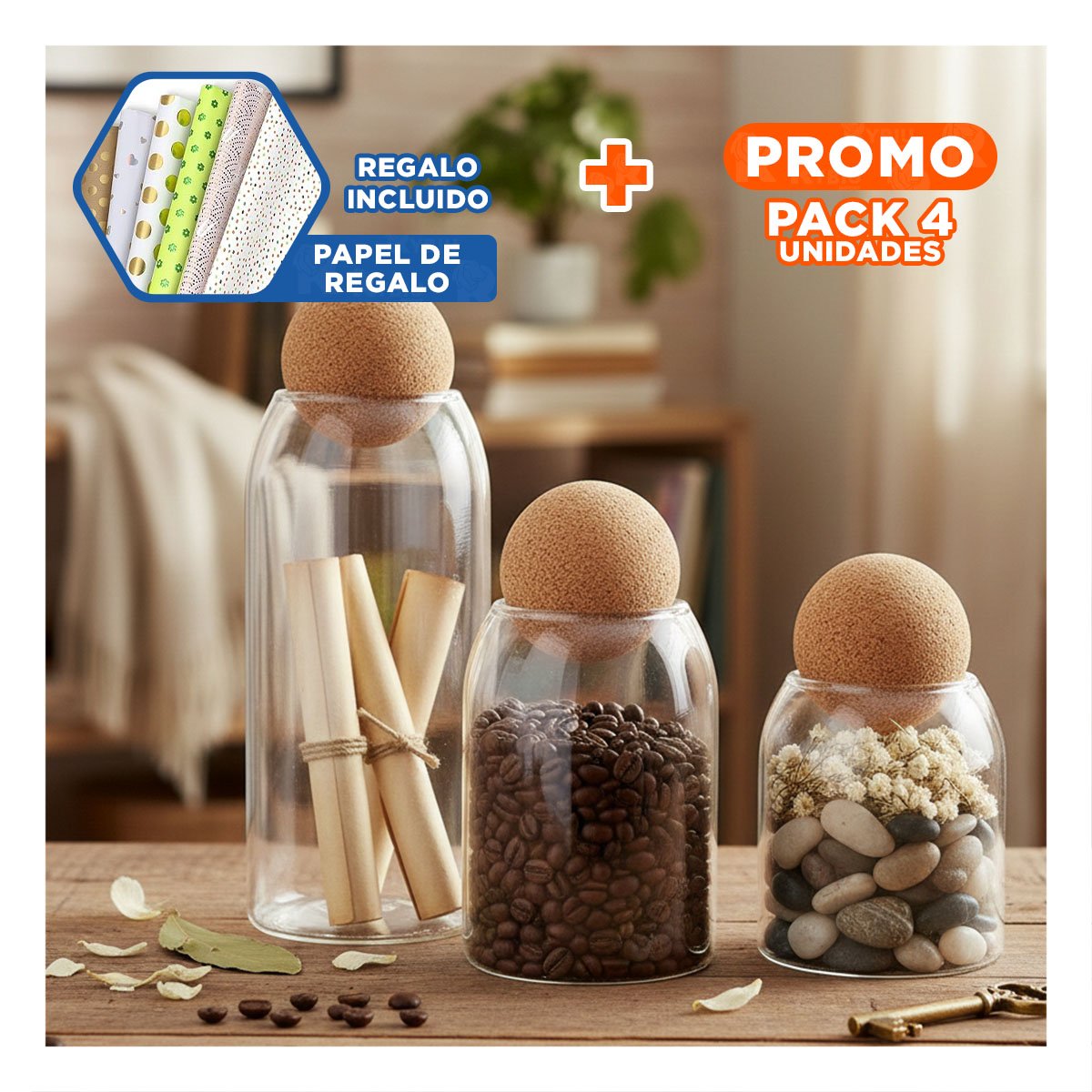 PACK4 ENVASES DE VIDRIO CON TAPA CORCHO ESFERA PARA SNACKS 550ML 750ML 1200ML YPAPEL REGALO - 1