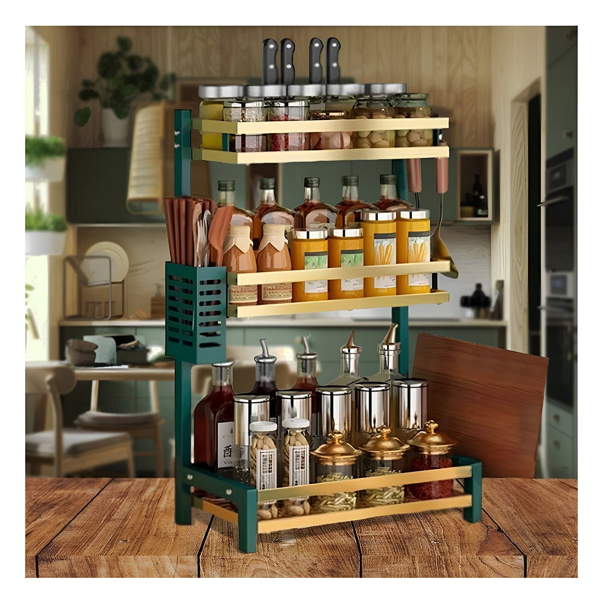 PACK6 REPISA DE COCINA VERDE DORADO CON 3 NIVELES PARA COLOCAR CONDIMENTOS - 1