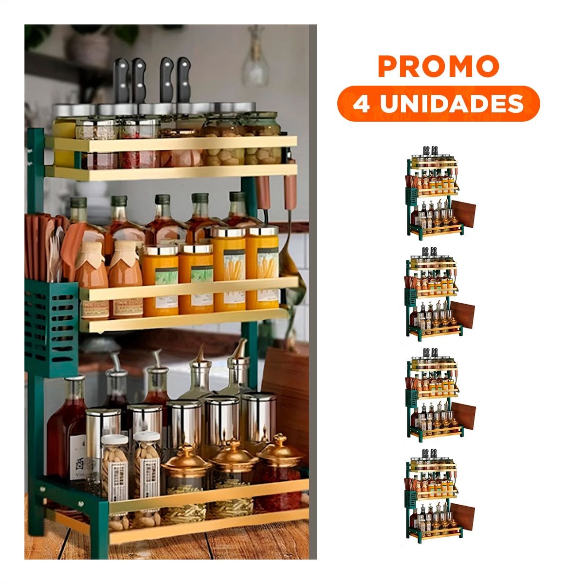 PACK4 SOPORTE DE COCINA VERDE DORADO CON 3 NIVELES PARA DISTRIBUIR CONDIMENTOS - 1