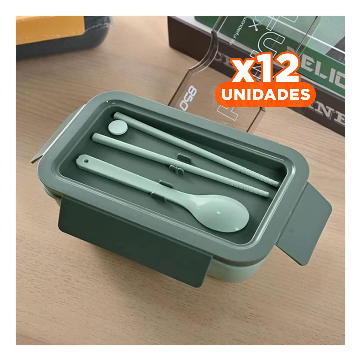 PACK12 BOTE LIGERO 850ML CON CUBIERTOS VERDE PARA GUARDAR COMIDA Y TRANSPORTE Y+PAPEL REGALO - 1