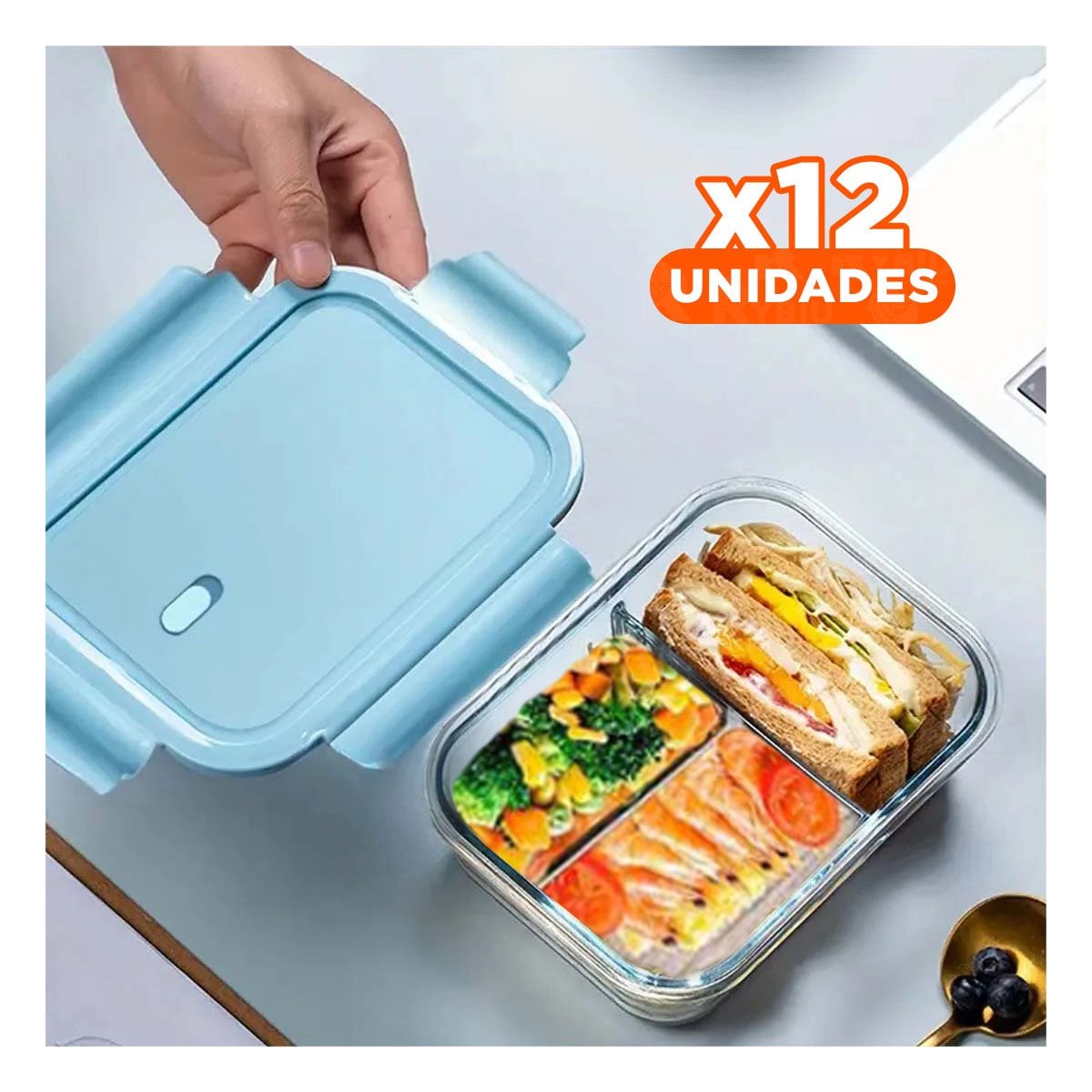 PACK12 CONTENEDOR DE VIDRIO PARA ALMUERZO CON 3 DIVISIONES Y+REGALO STICKER - 1