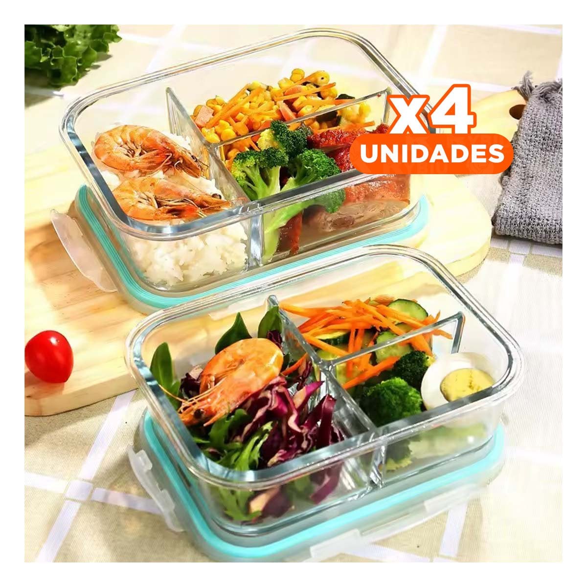 PACK4 DEPOSITO DE COCINA EN VIDRIO CON 3 DIVISIONES Y+REGALO STICKER - 1