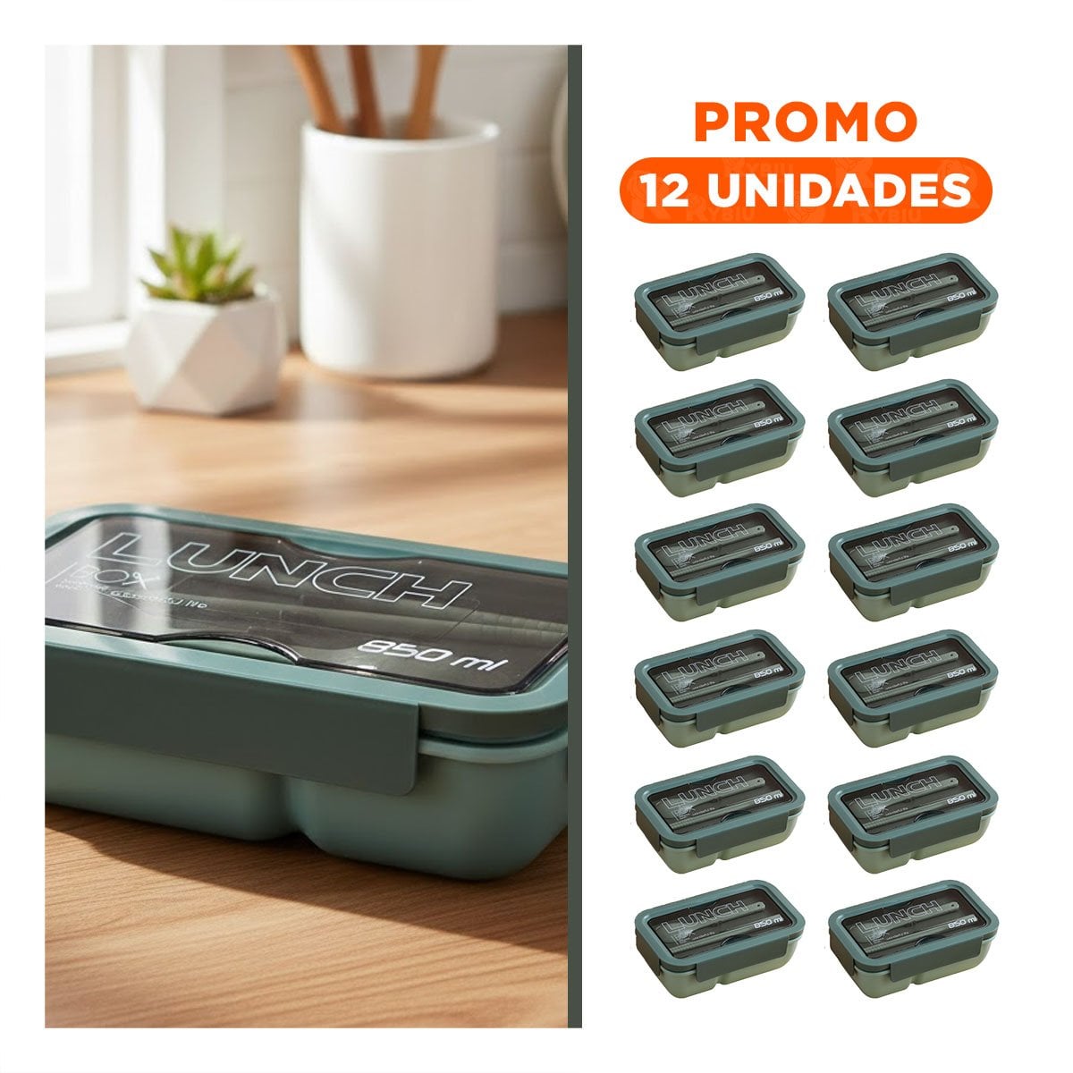 PACK12 CAJA PORTÁTIL 850ML CON CUBIERTOS VERDE PARA COCINA Y TRANSPORTE FÁCIL - 1