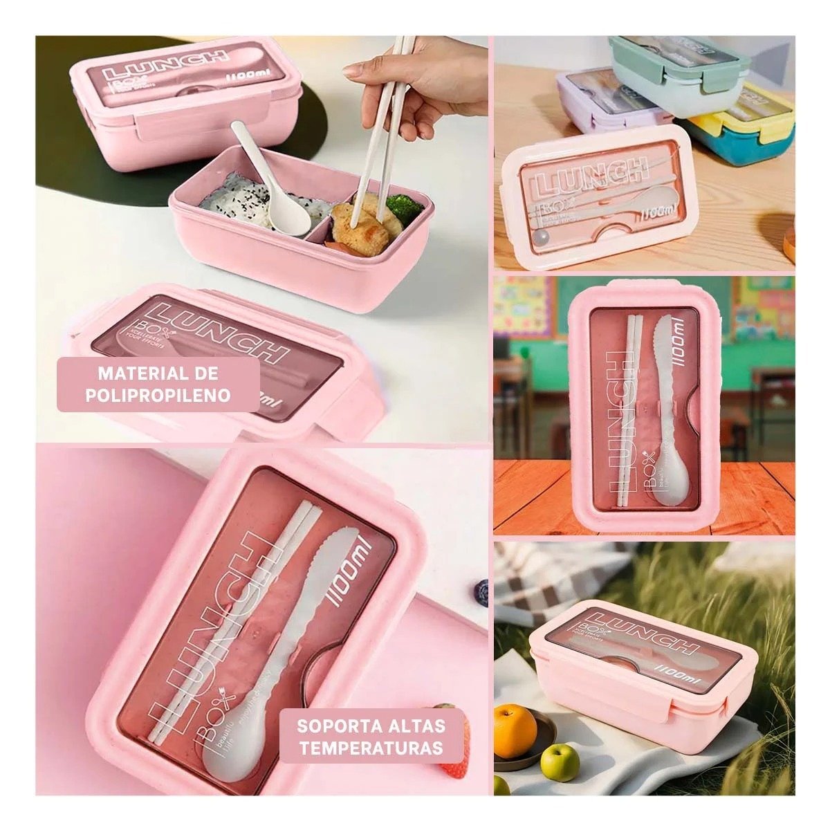 TAPER ROSADO TIPO LUNCH BOX CON 1100ML Y ESPACIO INTERNO EN DOS COMPARTIMENTOS Y+POST IT - 2