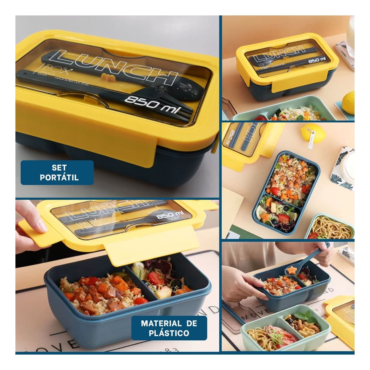 TAPER LIGERO 850ML CON CUBIERTOS AZUL Y AMARILLO PARA USO DIARIO EN HOGAR Y+LIGAS REGALO - 1