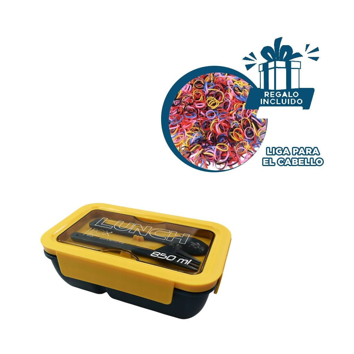 TAPER LIGERO 850ML CON CUBIERTOS AZUL Y AMARILLO PARA USO DIARIO EN HOGAR Y+LIGAS REGALO - 2