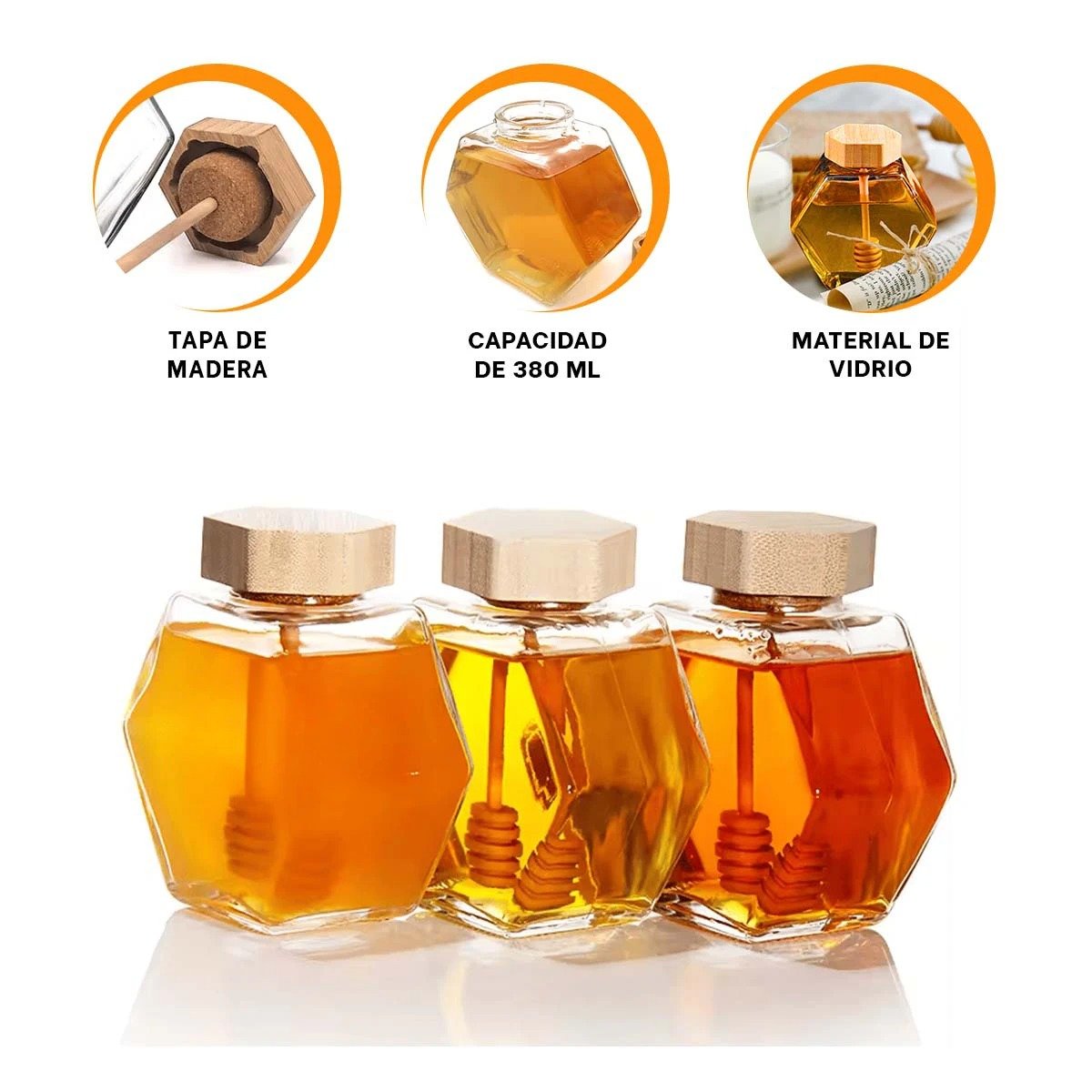 FRASCO 380ML CON TAPA DE MADERA EN VIDRIO TRANSPARENTE PARA SERVIR MIEL Y+PAPEL REGALO - 5
