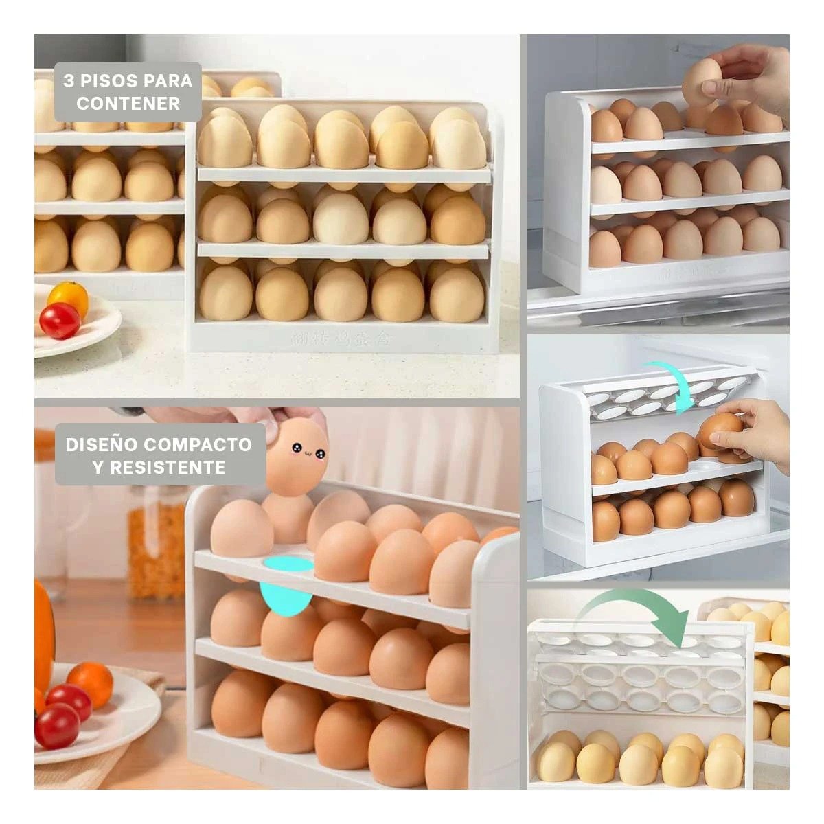 ORGANIZADOR DE HUEVOS BLANCO CON TRES NIVELES PARA 30 HUEVOS Y MEJOR USO DEL ESPACIO - 2