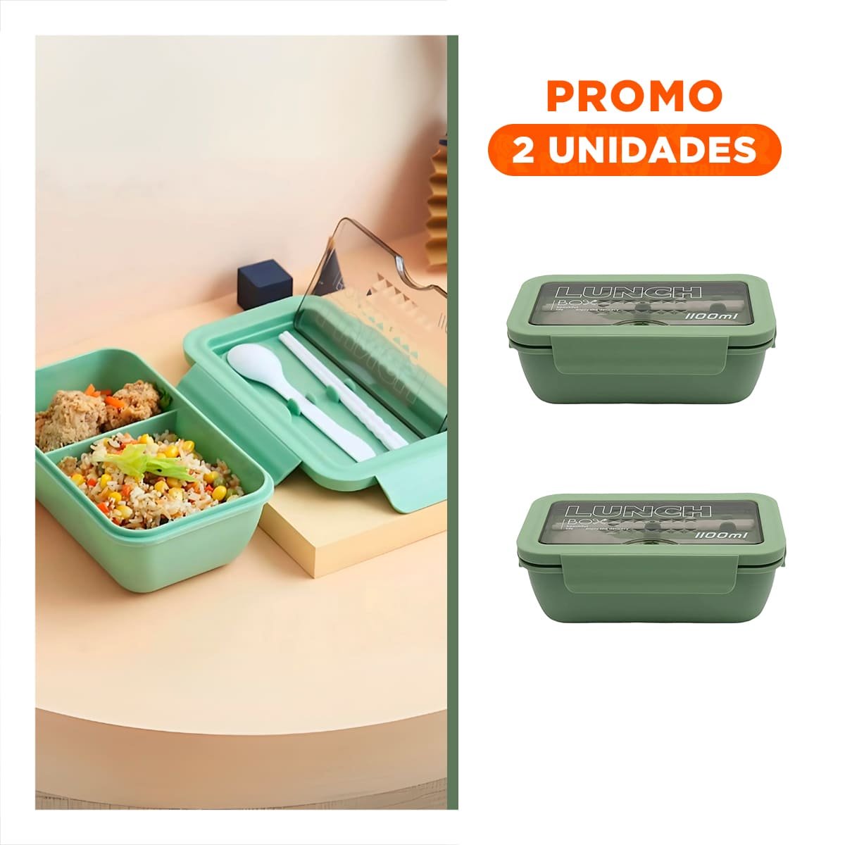 PACK2 LONCHERA CON SISTEMA DE 1100ML VERDE INCLUYE CUBIERTOS Y+REGALO STICKER - 1