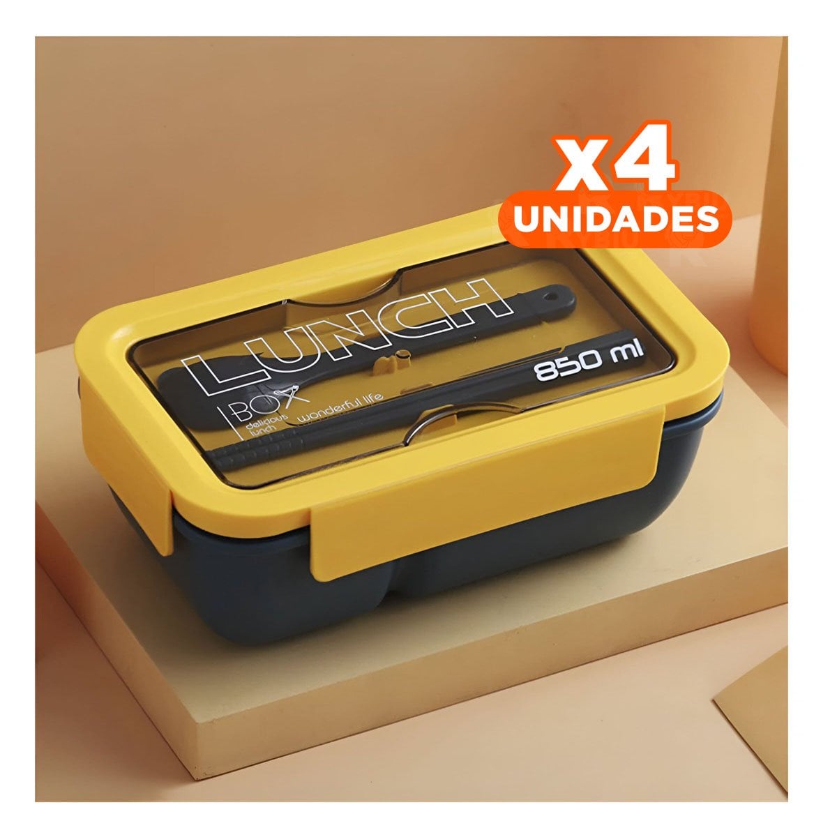 PACK4 CONTENEDOR PORTÁTIL 850ML CON CUBIERTOS AZUL Y AMARILLO PARA COCINA Y+PAPEL REGALO - 1