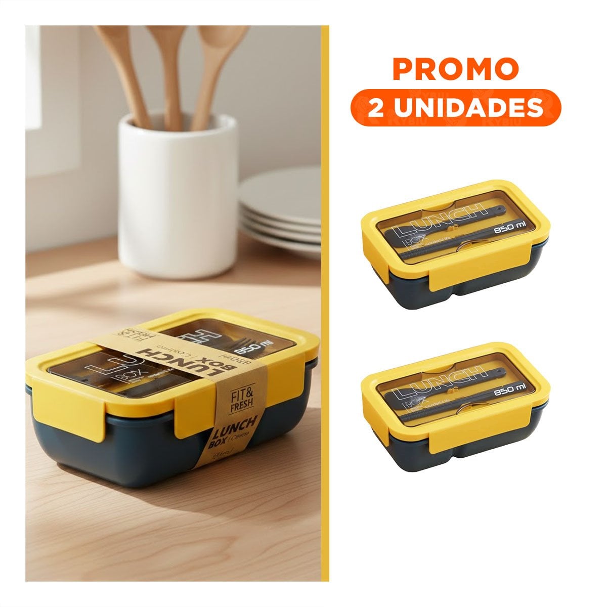 PACK2 CONTENEDOR HERMÉTICO 850ML CON CUBIERTOS AZUL Y AMARILLO PARA COMIDA Y+REGALO STICKER - 1