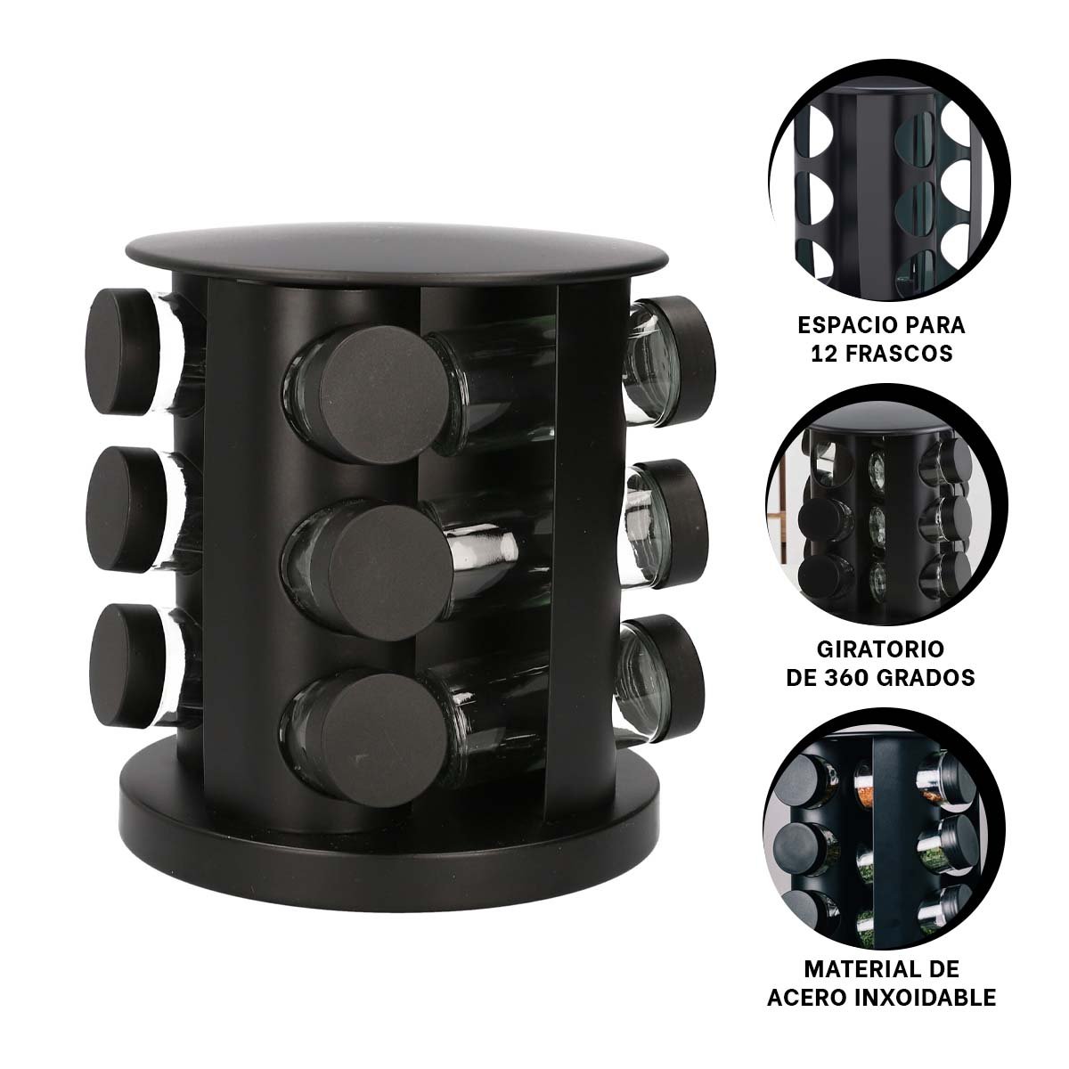 CONDIMENTERO DE 12 FRASCOS DE COLOR NEGRO CON BASE GIRATORIA FUNCIONAL YPAPEL REGALO - 5