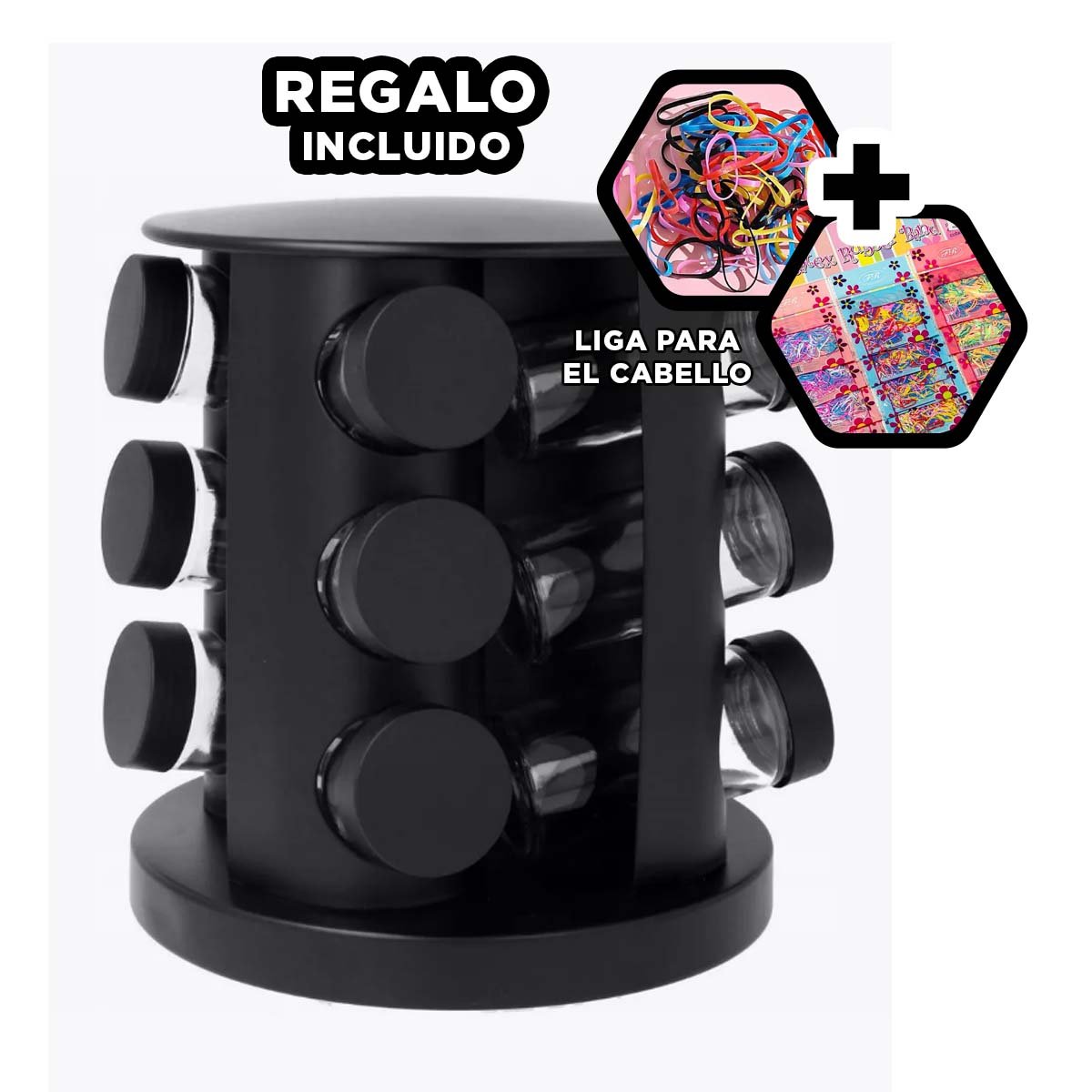 CONDIMENTERO DE COCINA DE COLOR NEGRO CON 12 FRASCOS Y GIRO SUAVE YLIGAS REGALO - 2