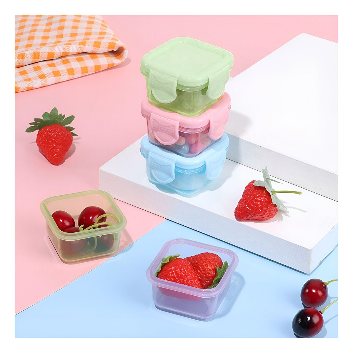 PACK4 CONTENEDORES MINI CON SEGURO 4 PIEZAS MULTICOLOR 7X4CM PARA GUARDAR SNACKS Y+PAPEL REGALO - 5