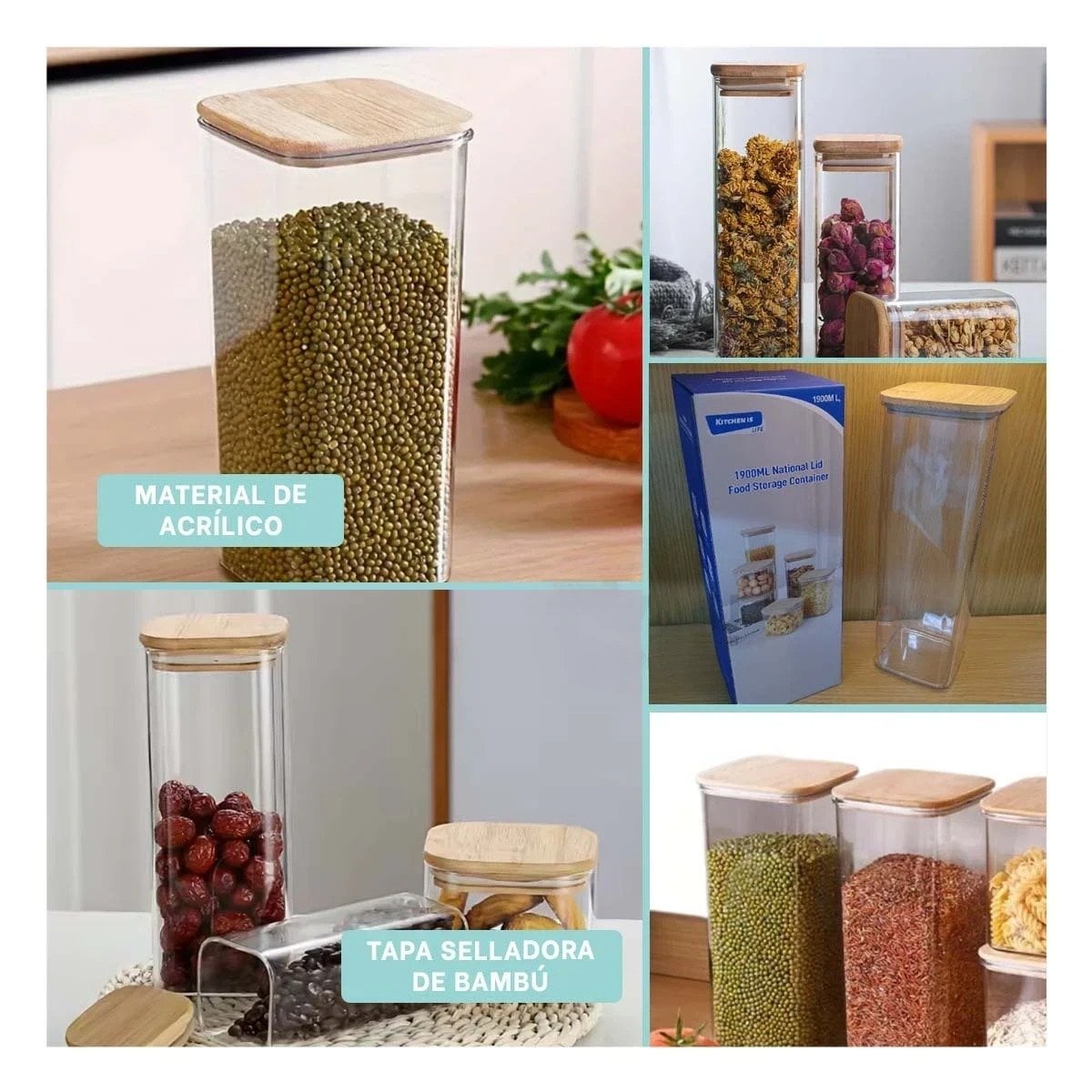 FRASCO ACRILICO PARA GUARDAR GRANOS Y CEREALES TRANSPARENTE 1900ML Y+LIGAS REGALO - 1