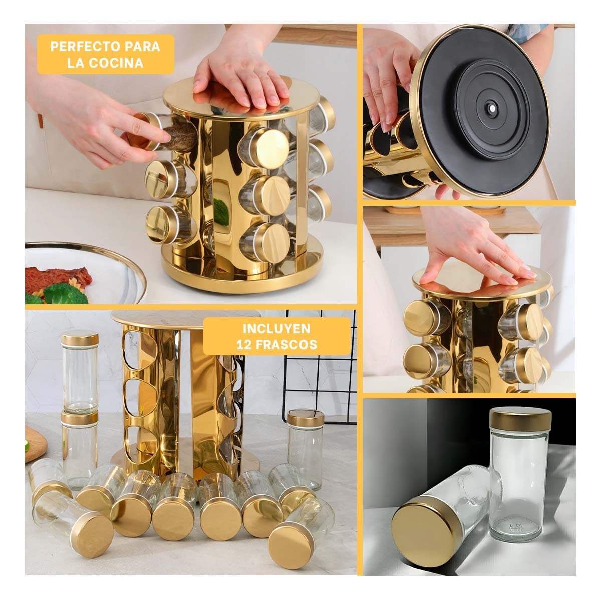 CONDIMENTERO DE COCINA CIRCULAR DE COLOR DORADO CON 12 FRASCOS Y GIRO SUAVE YLIGAS REGALO - 1